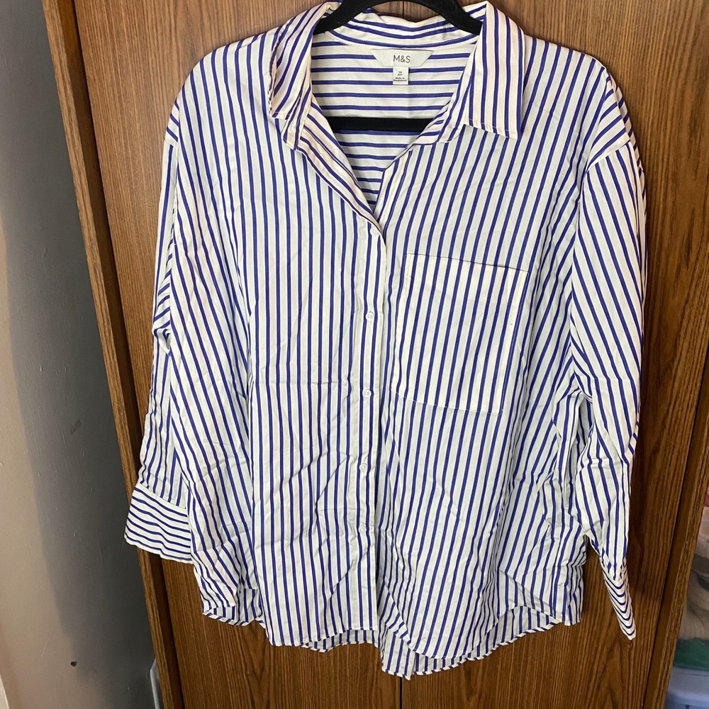 M&S Striped Button Down Shirt Womens 16 Blue White Cotton Long Sleeve T43 1388